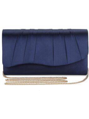 Women's Navy Blue Satin Evening Clutch Elegant Pleated Formal Party Handbag